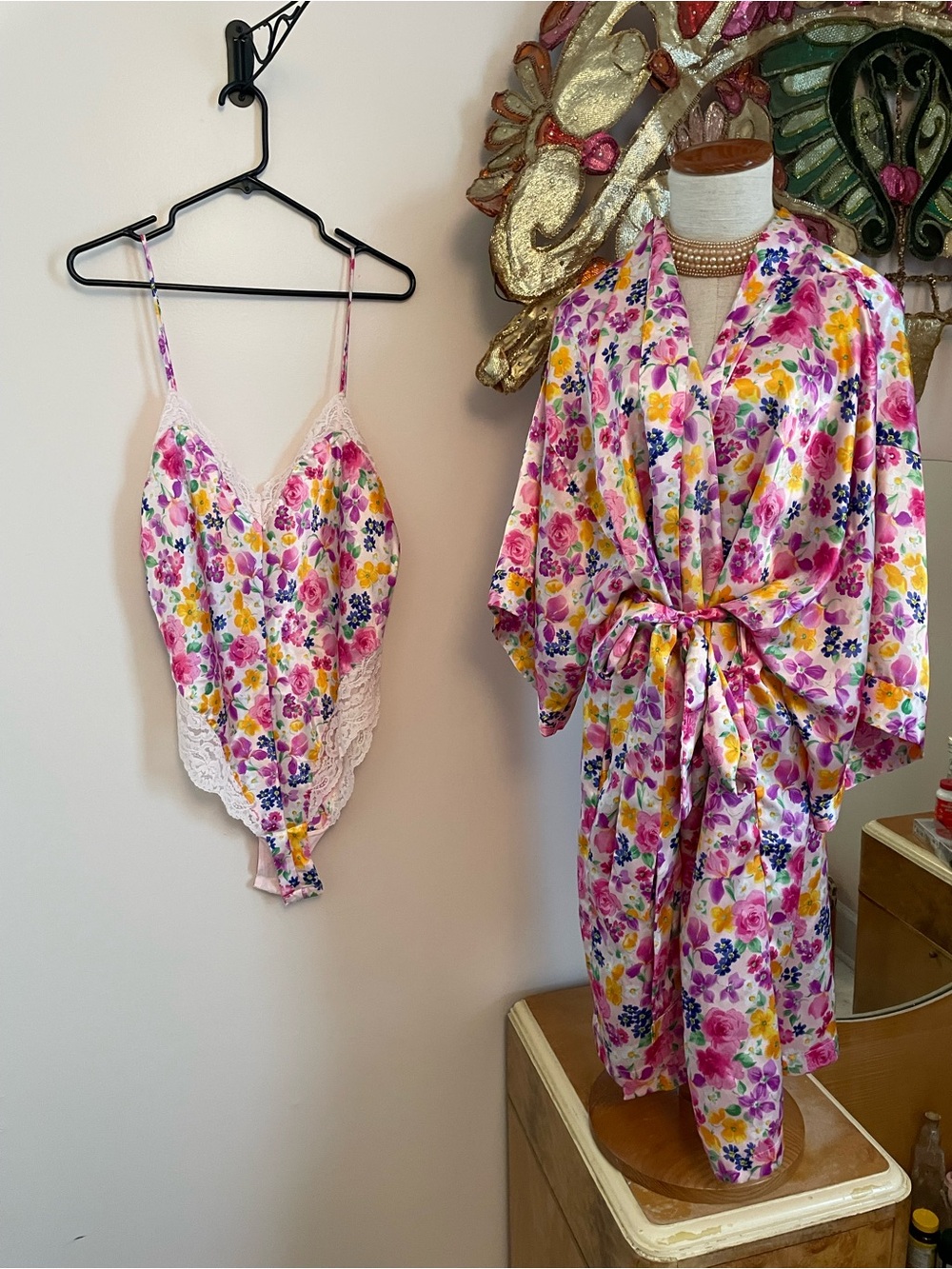 delicates Pink Floral Satin Robe and Lace-Trim Teddy Set